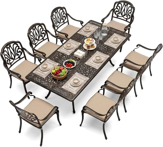 9-Piece Cast Aluminum Outdoor Dining Set Retro Patio Dining Set for 8 Includes 86.6’’ Rectangular Table and 8 Chairs with Removable Cushion and Umbrella Hole for Patio Deck Garden Porch