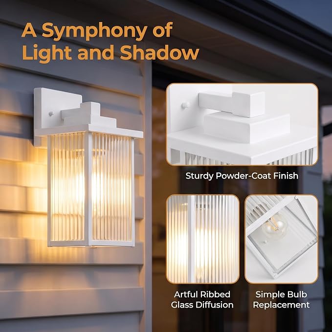 13" White Outdoor Wall Light, All-Metal Frame Porch Light | Textured Glass Softens Glare, Stays Bright. Anti-Yellowing White Metal. Pre-Assembled DIY Install. For Porch, Garage & Entry