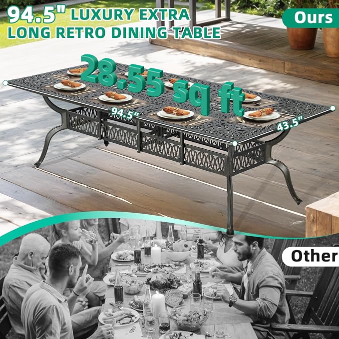 VIVIJASON 9-Piece Outdoor Dining Set, All Weather Cast Aluminum Retro Patio Furniture Table and Chairs Set for 8, Include 94.5" Rectangular Table and 8 Chairs with Umbrella Hole for Balcony Garden