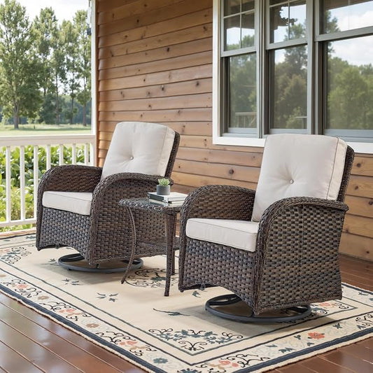 Belord Patio Wicker Chairs Swivel Rocker - Outdoor Swivel Rocking Chairs Set of 2 with Rattan Side Table, Patio Swivel Glider Chair 3 Piece Patio Furniture Sets for Deck Porch Pool Brown/Beige
