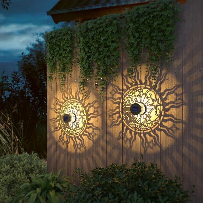 gardencave 4 Pack Solar Fence Lights Metal Solar Powered Outdoor Wall Deck Lights Sun Moon Theme Waterproof Fence Light for Garden Post Patio Backyard Yard Decor (Face, 4 Pack)