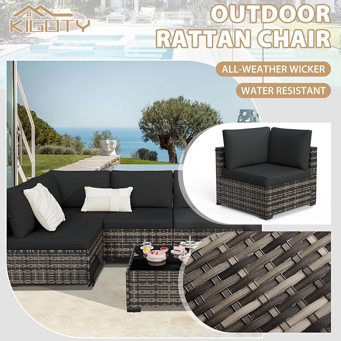 KIGOTY 7-Piece Patio Furniture Set, All-Weather PE Rattan Outdoor Sectional Sofa, Modular Wicker Conversation Set with Thick Cushions & Easy-Clean Coffee Table（Beige Black/Black）