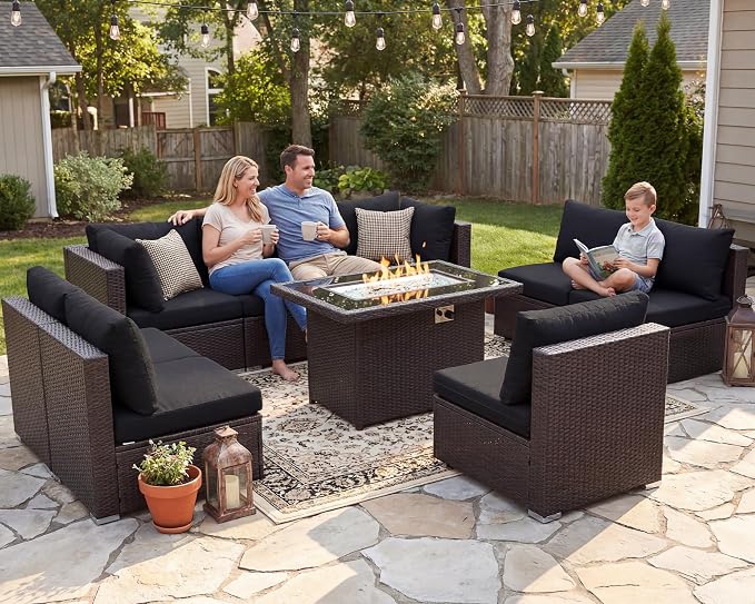 NICESOUL Modern Large Patio Furniture Set with Firepit Propane/Natural Gas, 29.3'' High Back Comfy Outdoor Sectional Couch Sofa Sets, 9 Piece Extra Wide Modular Sitting, Brown Rattan and Black Cushion