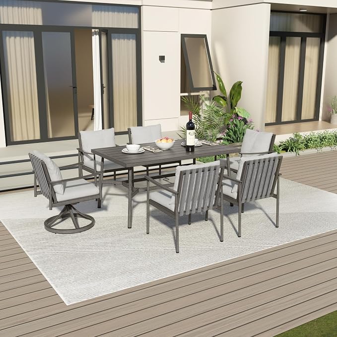 7-Piece Outdoor Dining Set for 6, Aluminum Dining Set with Cushions, 4 Dining Chair and 2 Swivel Chairs with Rope Backrest, Large Rectangular Table with Umbrella Hole for Lawn Porch Yard,Grey