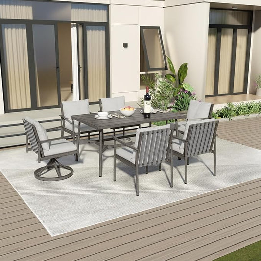 7-Piece Outdoor Dining Set for 6, Aluminum Dining Set with Cushions, 4 Dining Chair and 2 Swivel Chairs with Rope Backrest, Large Rectangular Table with Umbrella Hole for Lawn Porch Yard,Grey