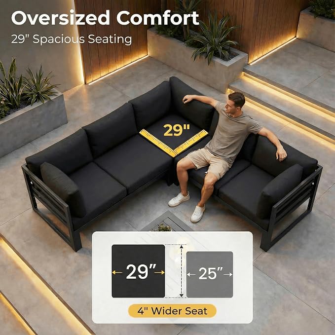 NICESOUL 9 Pcs Large Modern Aluminum Outdoor Patio Furniture Set with Fire Pit Table Propane/Gas, 29" Wide Deep Seat, Fade Resistant Sectional Sofa, 500 lbs Sturdy Conversation Set for Backyard, Black