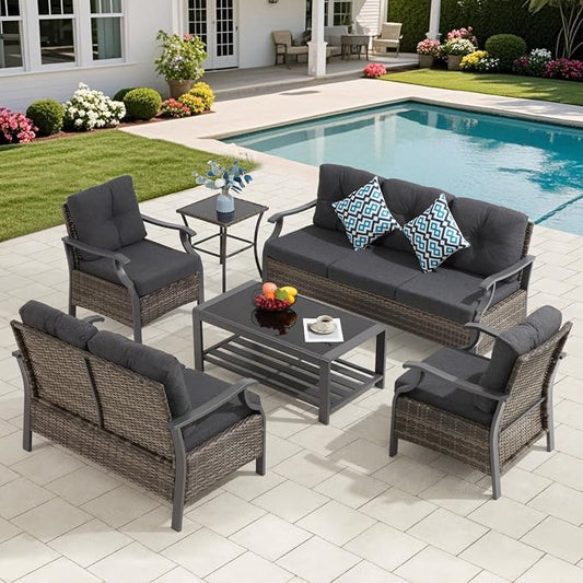 Outdoor Patio Furniture Set, 6 Pieces Outdoor Conversation Sets with Coffee Table & Side Table, Wicker Rattan Outdoor Sectional Sofa Set for Backyard, Deck, Porch, Poolside, Gray