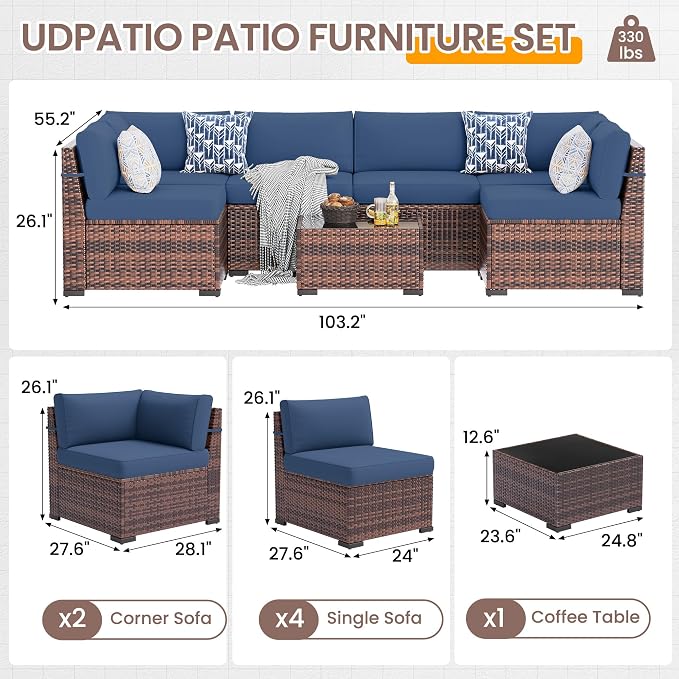 UDPATIO Patio Furniture Set, 7 Pieces Outdoor Sectional Sofa with 105°Slanted Back, Modular Rattan Conversation Set for Poolside, Backyard, Deck, with Coffee Table, Blue