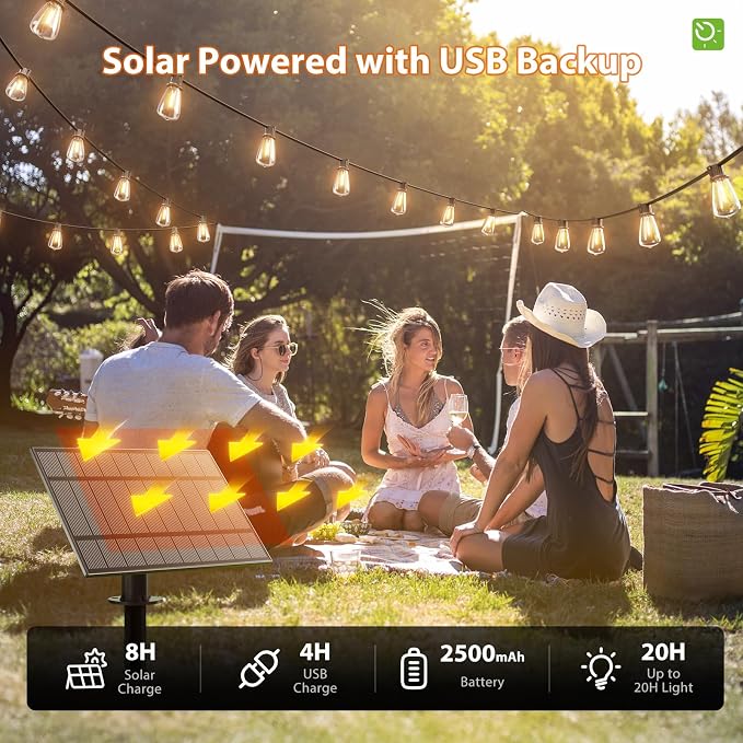 KYY 54(48+6) FT Solar String Lights Outdoor with USB Port Remote | Waterproof and Shatterproof Patio with Solar Powered Panel, LED Vintage Edison Bulbs, Heavy-Duty and UL Listed Market Lights