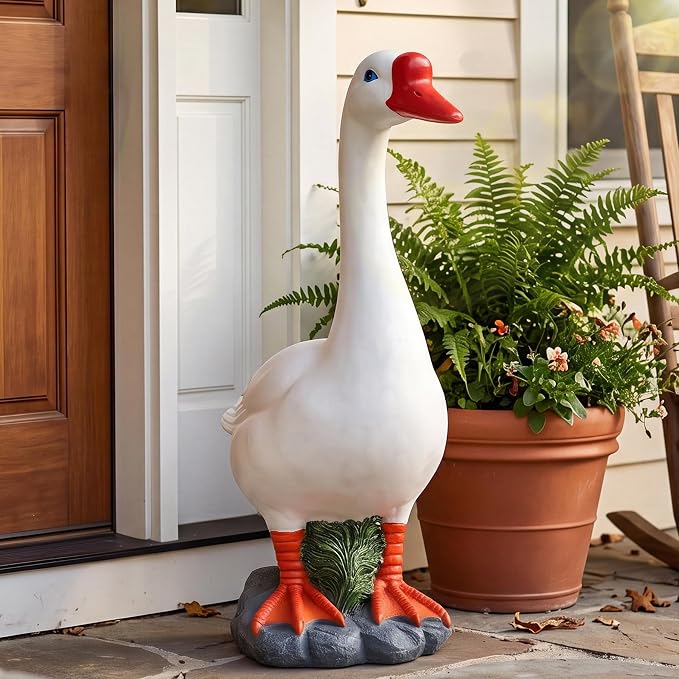 Large Porch Goose Statue 20 Inch, Resin Front Porch Goose Decor, Geese Decor Lawn and Garden Statue for Patio, Balcony,Yard Decorations, Housewarming Birthday Gifts,White