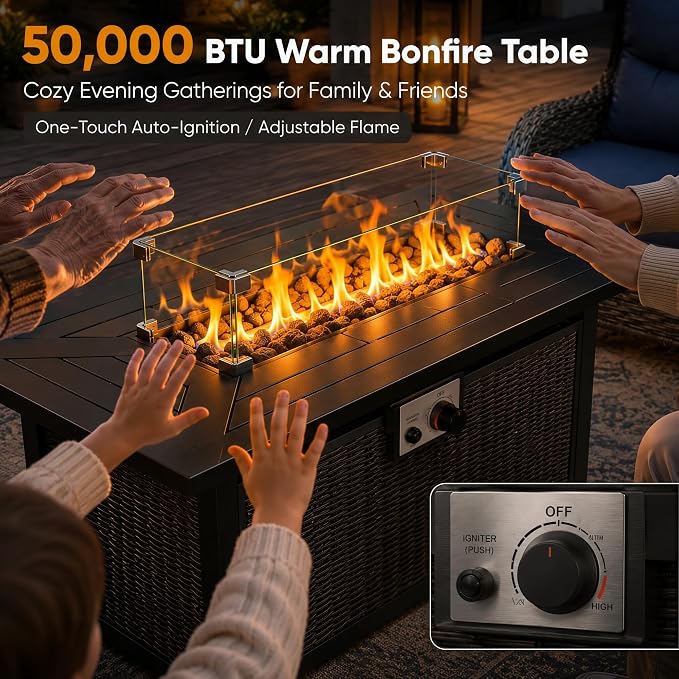 HUMMUH 10-Piece Wicker Swivel Rocker Patio Furniture Set with Fire Pit | 50,000 BTU fire pit, 6-inch 28D foam cushions, UV-proof PE wicker, Olefin fabric, 350lb weight capacity
