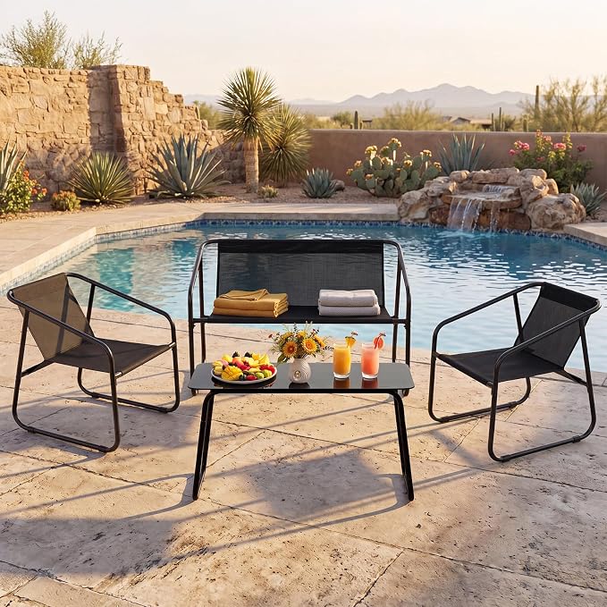 DUMOS 4 Piece Patio Furniture Set，Outdoor Patio Furniture Set with Table, patios Table and Chairs Sets, Sectional Bistro Sets for Lawn, Garden, Balcony, Pool, Poolside