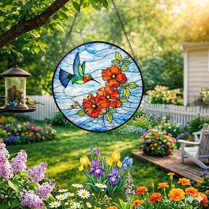 Stained Glass Window Hanging - Colorful Hummingbird Poppy Suncatcher for Windows Doors Home Decor, Hummingbird Red Flowers Sun Catcher Gift for Women Mom Nana Bird Lovers Christmas Mother's Day Birthd