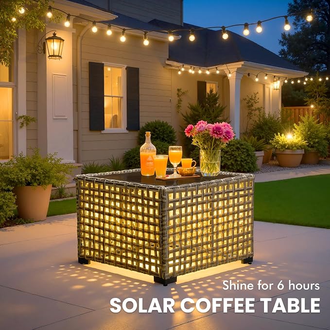 Outdoor Sectional Patio Furniture Set with Fire Pit Table and Glowing Table,6 Pieces Wicker Conversation Sets L Shaped Couch Out Door Sofa Set Outside Furniture for Garden Deck Yard,Grey