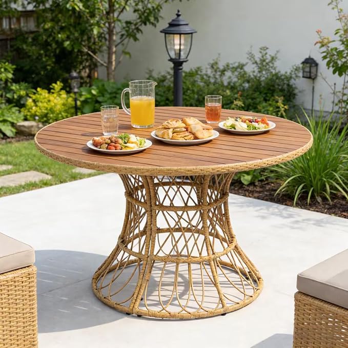 IRONORA Natural Acacia Wood Top Round Patio Dining Table, Woven Rattan Hourglass Base Outdoor Bistro Table, 4-6 Person Wooden Slatted Top Table for Backyard Balcony Garden Coastal Decor
