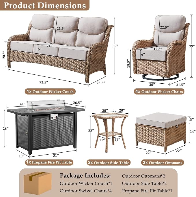 Luxury Patio Furniture Set with 42.5" Fire Pit Table, 10 Pieces High Back All Weather Wicker Outdoor Furniture w/ 6-Inch Thick Cushions, Patio Swivel Chairs Couch for Deck Balcony Yellow/Beige