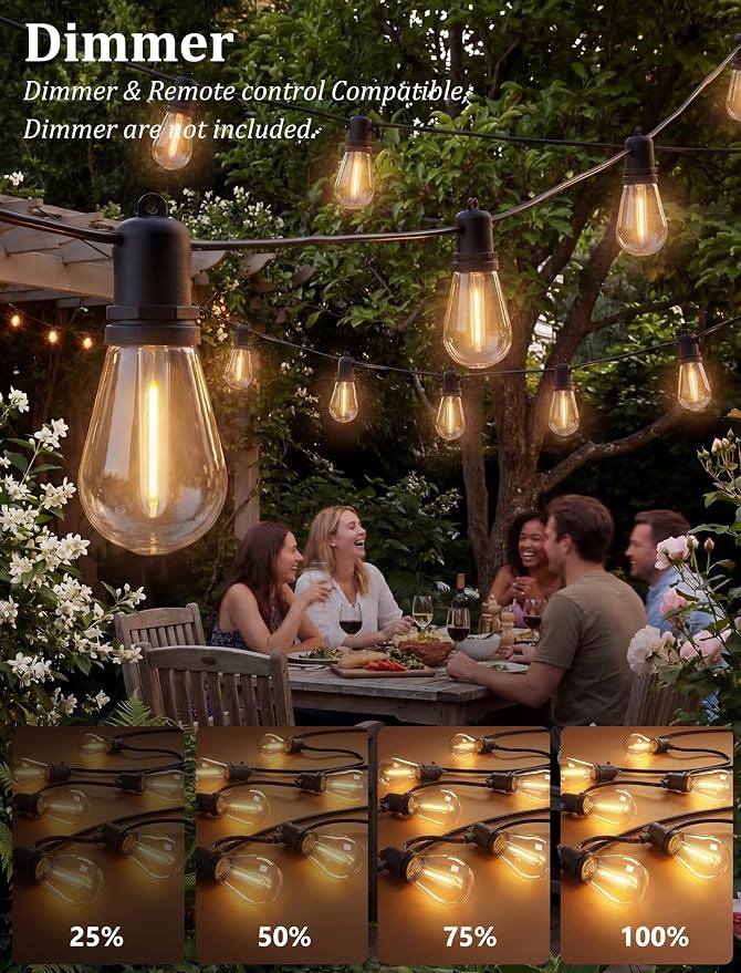 S14 Outdoor String Lights 48FT, Waterproof Patio Lights with 17 Shatterproof LED Bulbs (1 Spare), UL Certified Commercial Grade Black Wire Hanging Lights for Outdoor, Indoor, Backyard, Porch