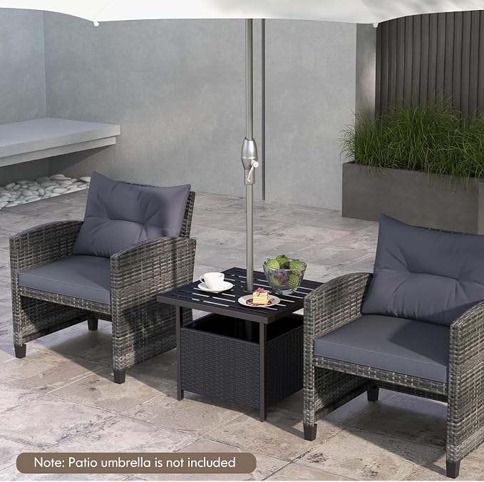 Tangkula Outdoor Table with Umbrella Hole, Rattan Umbrella Stand Table, Wicker Outside Side Table with Steel Metal Frame, Patio Bistro Table for Deck Garden Pool Yard, 22 x 22 x 18.5 Inch (Black)