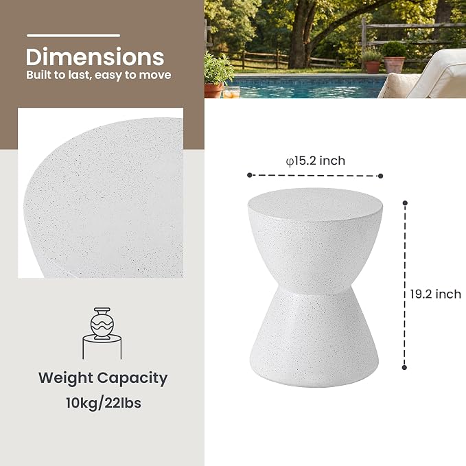 HOMPUS Outdoor Side Table Hourglass Shaped, Concrete End Table, Round Drum Patio MgO Coffee Lightweight Table, Modern Garden Planter Stand for Indoor Outdoor Use, Spotted White