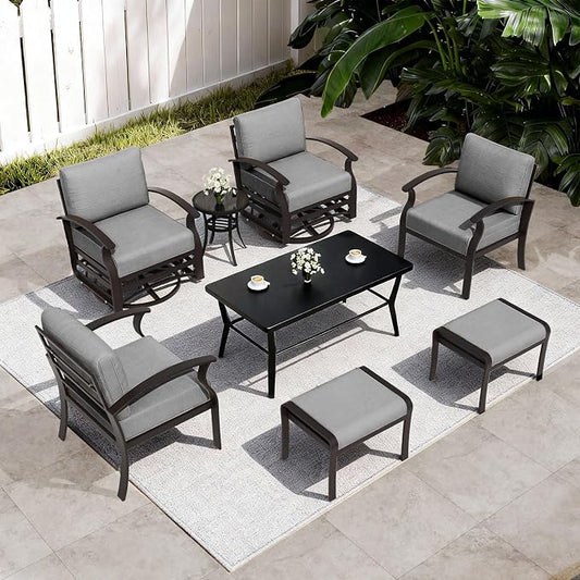 ALAULM Aluminum Patio Furniture Set with Coffee Table Rectangular, 6-seat Outdoor Sectional Furniture w/Swivel Chairs and 2 Ottomans, Patio Conversation Set for Porch, Backyard, Poolside-Grey