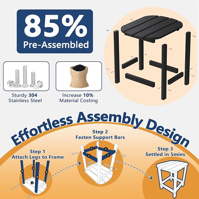 Outdoor Adirondack Side Table for Patio Porch Pool, 18" HDPE Weather Resistant End Table for Backyard and Indoor Use, Easy Maintenance & Indoor Outdoor Durable Construction(Black)