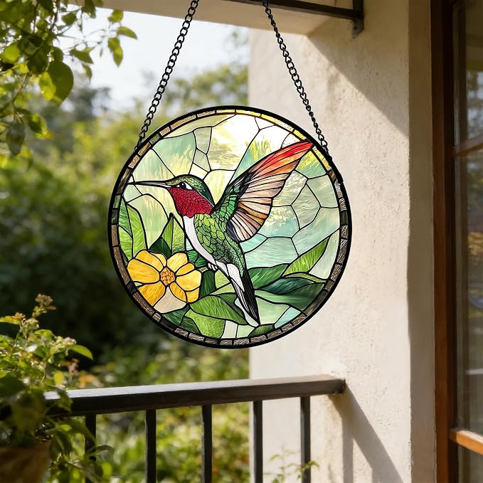 Stained Glass Window Hanging, Green Hummingbird Sun Catcher for Door Home Decor, Birds Suncatcher Christmas Mother's Day Birthday Gifts for Bird Lovers Women Men Mom and Nana 9.8 in
