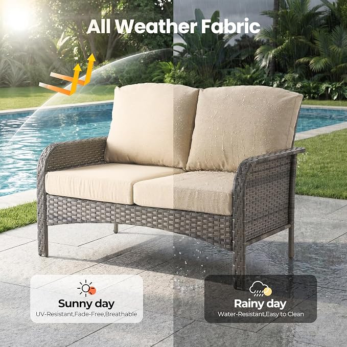 7 Piece Wicker Patio Furniture Set with Swivel Chairs,Beige | High Back Swivel Rocker Chairs, Outdoor Loveseat Sofa, Coffee Table, Rattan Conversation Set, Porch Deck Backyard Poolside