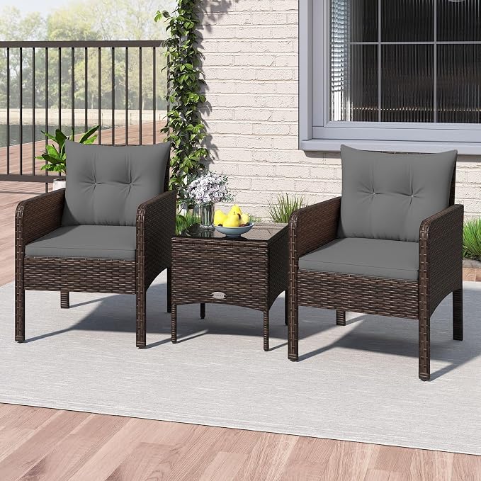 Tangkula 3 Pieces Patio PE Wicker Furniture Set, Outdoor Bistro Conversation Set with Cushions and Tempered Glass Coffee Table, Outside Rattan Table and Chairs for Porch (Gray)