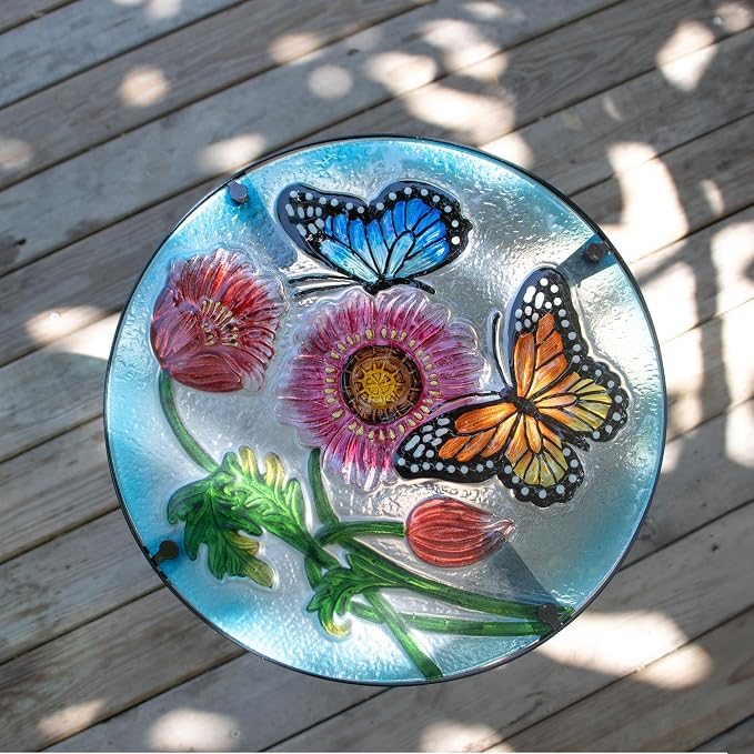 12 Inch Round Butterfly Glass Side Table, Patio Small Table, Outdoor Side Table, Outdoor Bar Table, Metal Glass End Table for Porch Garden Patio Pool Living Room
