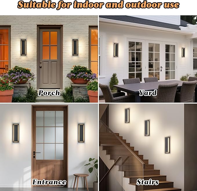 15.7 in Outdoor Wall Sconce Light,Modern Exterior Lights Fixture | Black Outdoor Porch Lights for House,Patio,Front Door,Outdoor Wall Lighting,IP65 Waterproof,3000K Warm White, 12 W,2 Packs