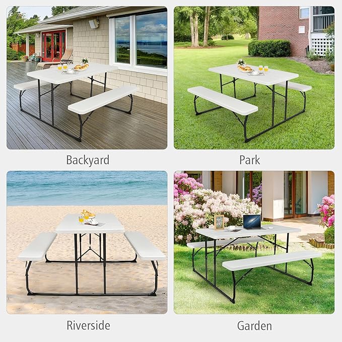 GYMAX Picnic Table, 550 LBS Folding Picnic Tables with Benches & Seats, Weather-Resistant Easy Setup Portable Picnic Table, Wood-Like Foldable Picnic Tables for Outdoors Patio Deck Party BBQ (White)