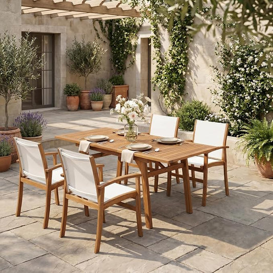 SUNSITT 5-Piece Outdoor Patio Dining Set, 55" - 71" Acacia Wood Expandable Table & 4 Breathable Textilene Mesh Chairs, All-Weather Patio Furniture w/Umbrella Hole for Backyard, Deck, Garden, White