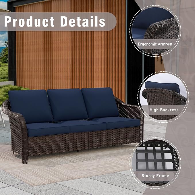 3 Piece Patio Wicker Conversation Set, All-Weather Use Outdoor Wicker Sofa with 2 PE Rattan Ottomans, Ideal for Porch, Backyard, Balcony, Poolside, Blue