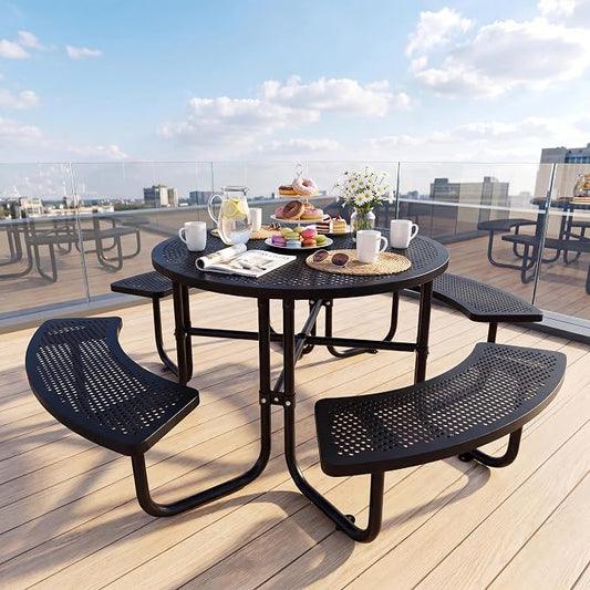 46" Outdoor Round Perforated Picnic Table Metal Camping Table with Umbrella Hole - Heavy Duty Steel Mesh Picnic Bench Set for Backyard Garden Deck, Black