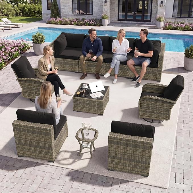 Aoxun 10 Piece Outdoor Patio Furniture Set with Coffee Table, Wicker Rattan Outdoor Furniture with High Back Swivel Rocker Chairs, Outdoor Conversation Set with Thick Cushion & Ottoman, Black