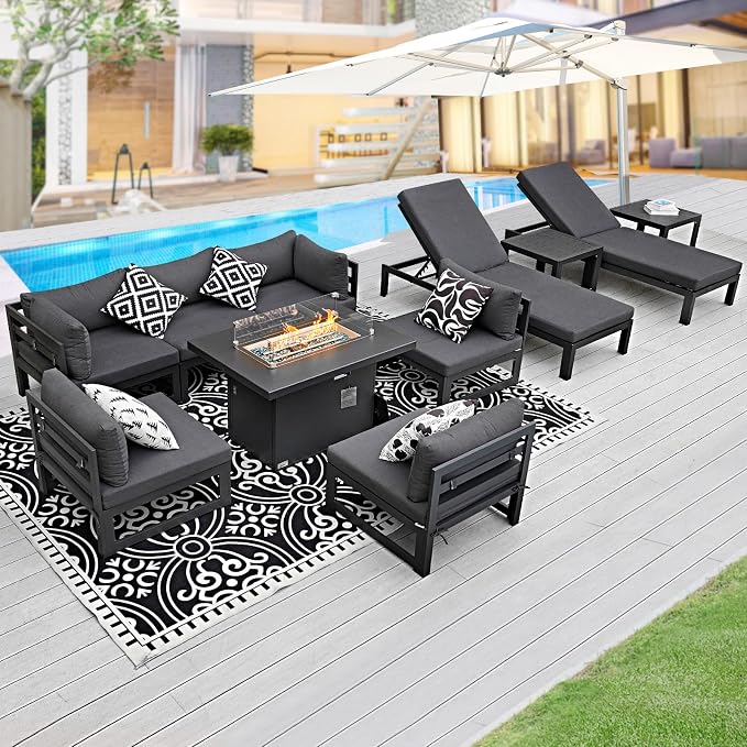 BULEXYARD 11 Piece Luxury Aluminum Outdoor Sectional Sofa with Chaise Lounge & Firepit, Large Modular Patio Furniture Set, 29" Deep Wide Seated, 500 lbs Heavy Duty Conversation Set for Deck, Dark Gray