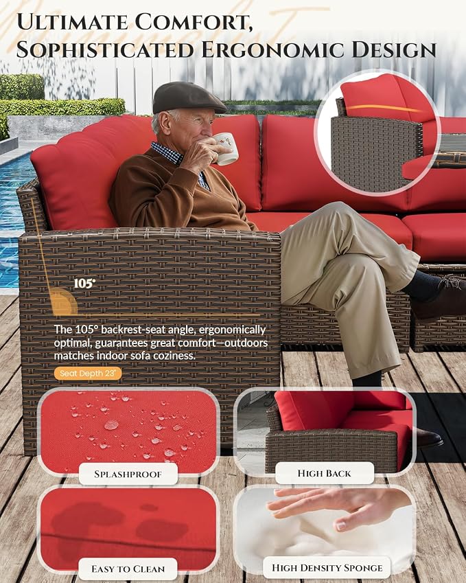 U-MAX 7 Pieces Patio Furniture Set, Outdoor Sectional Sofa Conversation Set, All Weather Wicker Rattan Dining Table & Chair with Ottoman, Brown Rattan&Red Cushion