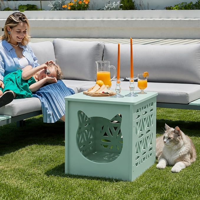 VINGLI Outdoor Side Table with Cat House and LED Light, 15.6" Resin Waterproof Square Side Table End Table for Patio Garden Balcony Porch (Green)