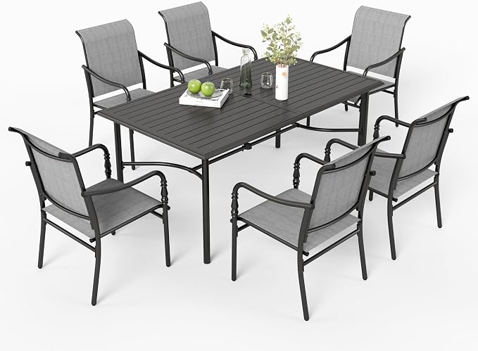 MIXPATIO 7 Pieces Outdoor Table and Chairs, Patio Dining Set for 6, 6 x Textilene Dining Chairs, Rectangular Outdoor Dining Table with Umbrella Hole for Lawn Garden Backyard Deck, Grey