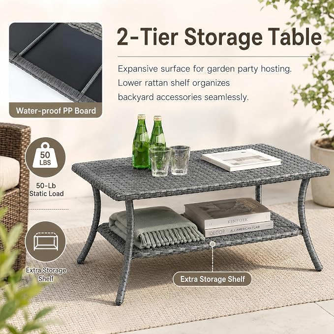 HUMMUH 42-inch 2-Tier Outdoor Patio Coffee Table, Grey PE Rattan Center Table with Powder-Coated Metal Frame for Garden, Backyard, Porch Storage