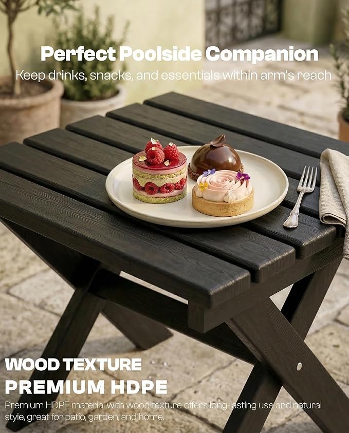 Outdoor Folding Side Table,HDPE Material, Portable Space-Saving Design, Weather-Ready with Authentic Wood-Grain Feel (Black, 1 Table)