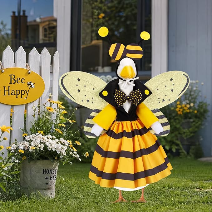 Summer Porch Goose Outfits for 23 Inch Lawn Statue | Funny Bee Costume for Plastic/Cement Statue, Seasonal Sculpture Clothes for Halloween Party Decoration