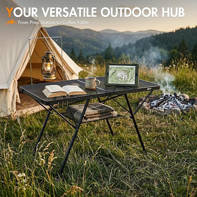 Portal Iron Mesh Folding Grill Table with 2 Adjustable Heights(15" & 29"), Heavy Duty Metal Camp Table, Heat-Resistant Tabletop for BBQ & Outdoor Cooking, One-Piece Folding Design, Dark Gray