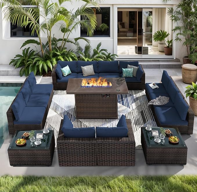 15 Piece Patio Furniture Set with Fire Pit Table All Weather PE Rattan Outdoor Sectional Sofa Couch with No-Slip Cushions and Glass Top Tables for Garden, Poolside, Backyard (Blue)
