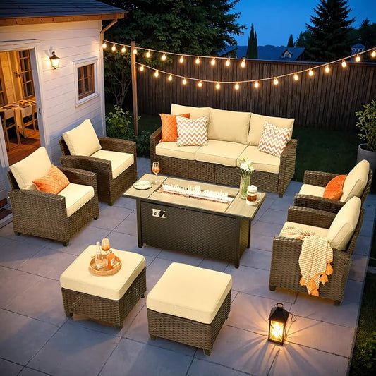 ovios 8 Pieces Patio Furniture Set, Outdoor Wicker Sofa Couch with 54" Fire Pit Table Comfy Cushions, All Weather Brown Rattan Conversation Set for Backyard Deck, Beige