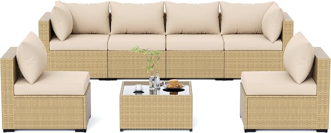 UDPATIO Furniture Set, 7 Piece Sectional Sofas with Wicker Coffee Table, Conversation for Garden, Backyard, Yellow/Beige