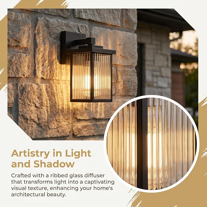 2 Pack Matte Black Porch Light, Rust-Resistant Outdoor Wall Light | Corrosion-Resistant Metal, Textured Glass Cuts Glare, Easy DIY Install on Porch, Garage