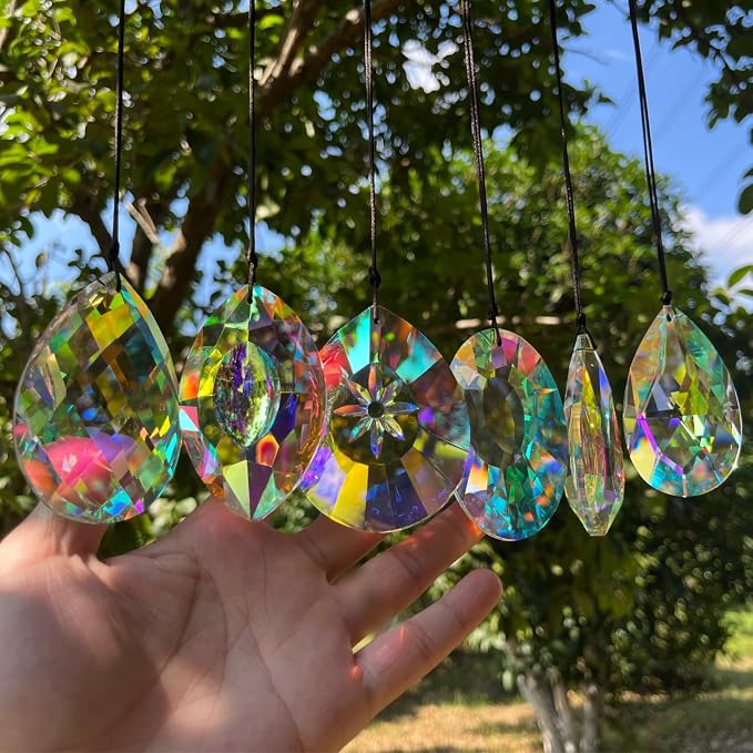 6Pcs Crystal Sun Catcher Prisms, Suncatchers for Windows Hanging, AB Colored Chandelier Crystals Prisms for Room Garden Rainbow Maker Pendants Home Decor