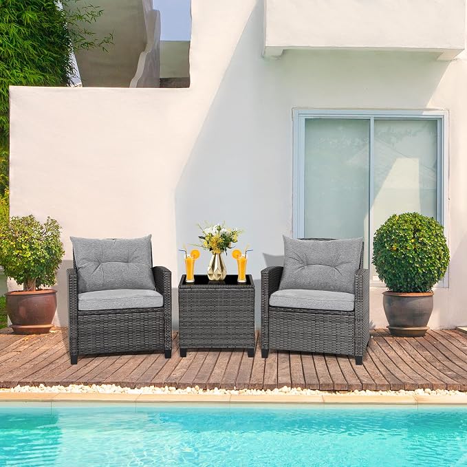 Patio Furniture Set, 3 Pcs Outdoor Wicker Conversation Set with Glass Coffee Table, Patio Chairs w/Washable Cushions, PE Rattan Outdoor Furniture Set for Porch Garden Backyard (Grey)