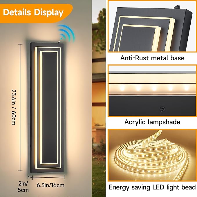23.6 in Dusk to Dawn Outdoor Wall Sconce, Black Outdoor Wall Light | 2-Tier Black Modern LED Lights For House Exterior,Garage,Hallway,Patio,Waterproof,36W 3000K Warm White LED, 1 Pack